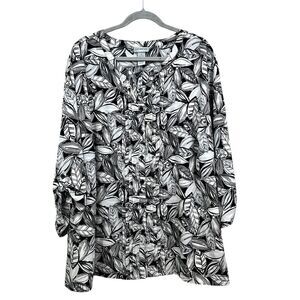 Catherines Women Top Blouse Floral Pleated VNeck Roll Tab‎ Sleeve Black White 4X